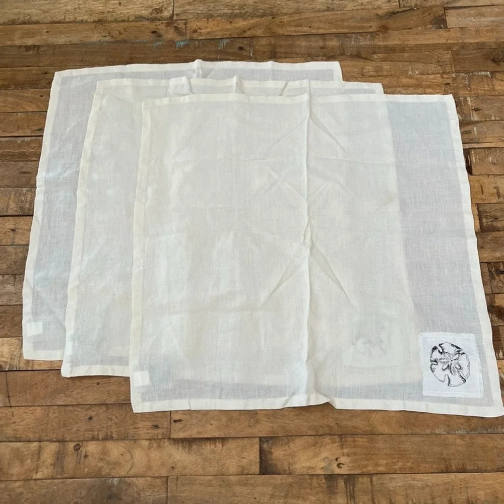 Pottery Barn Ivory Linen Napkin Set of 3 Embroidered Patch 20 x 20